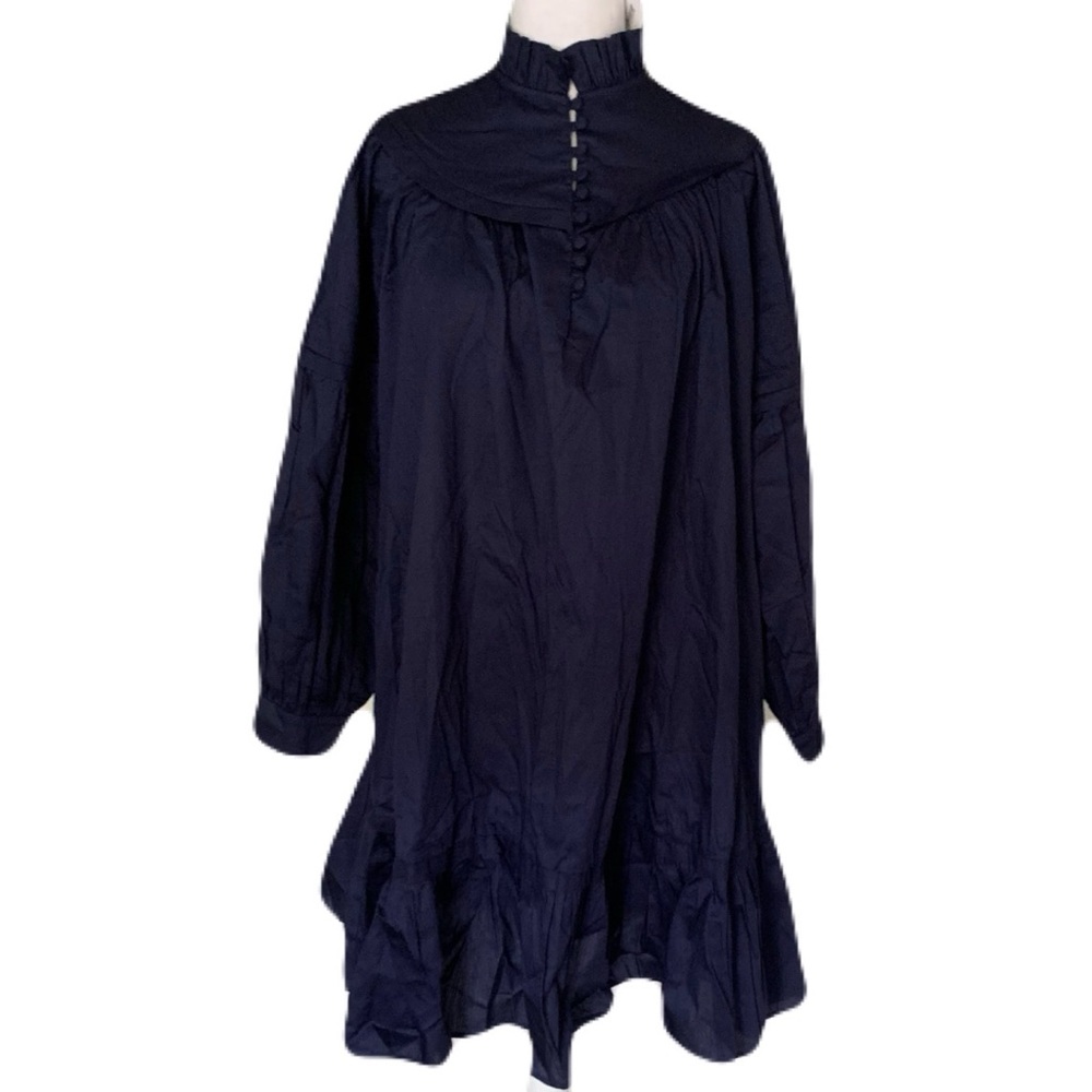 NWT Harshman XS Deep Navy Long Sleeve High Neck Button Cotton Fiona Mini Dress